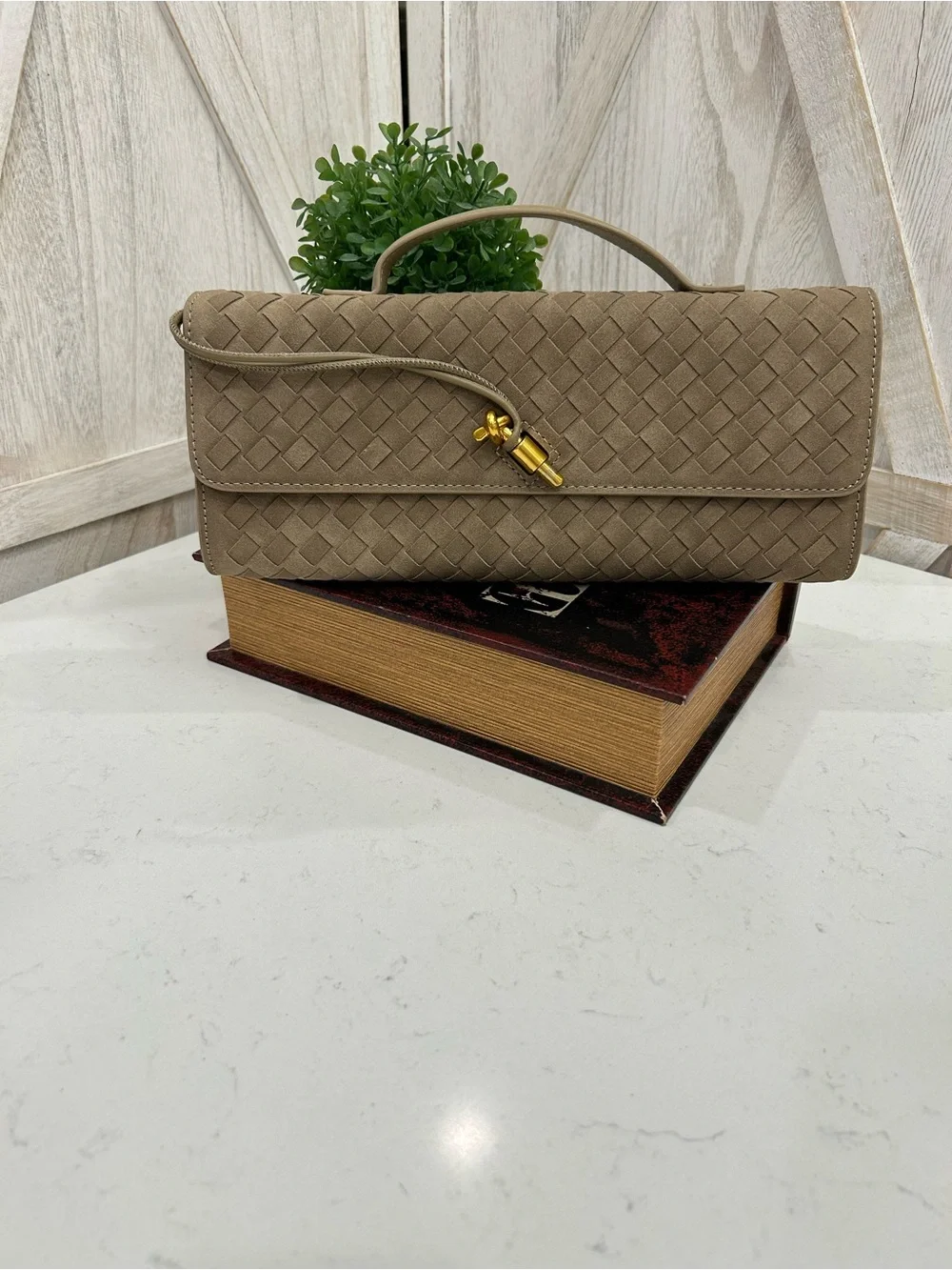 Taupe Woven Top-Handle Clutch